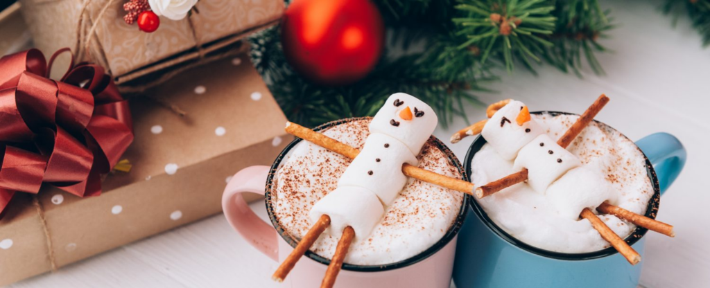 hot chocolate with marshmallow snowmen on top