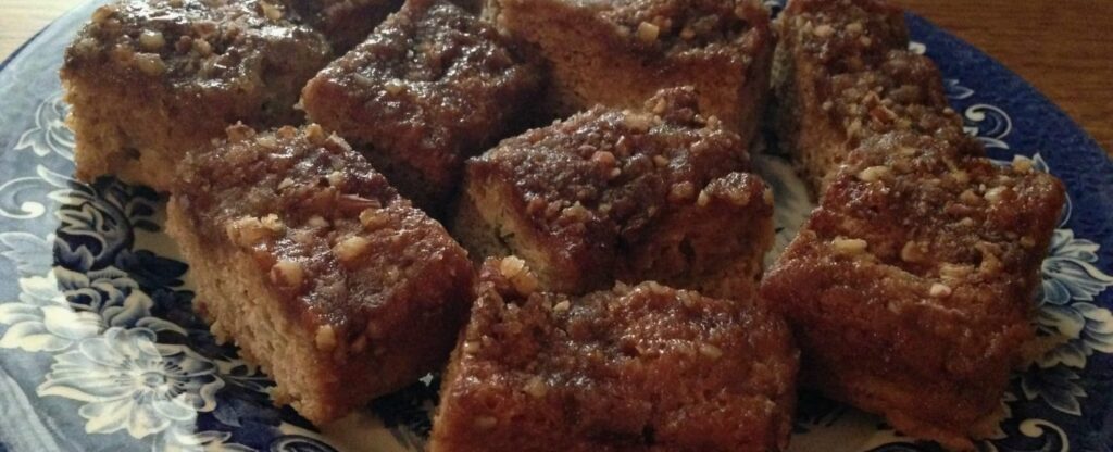 slices of rhubarb coffee cake on a plate