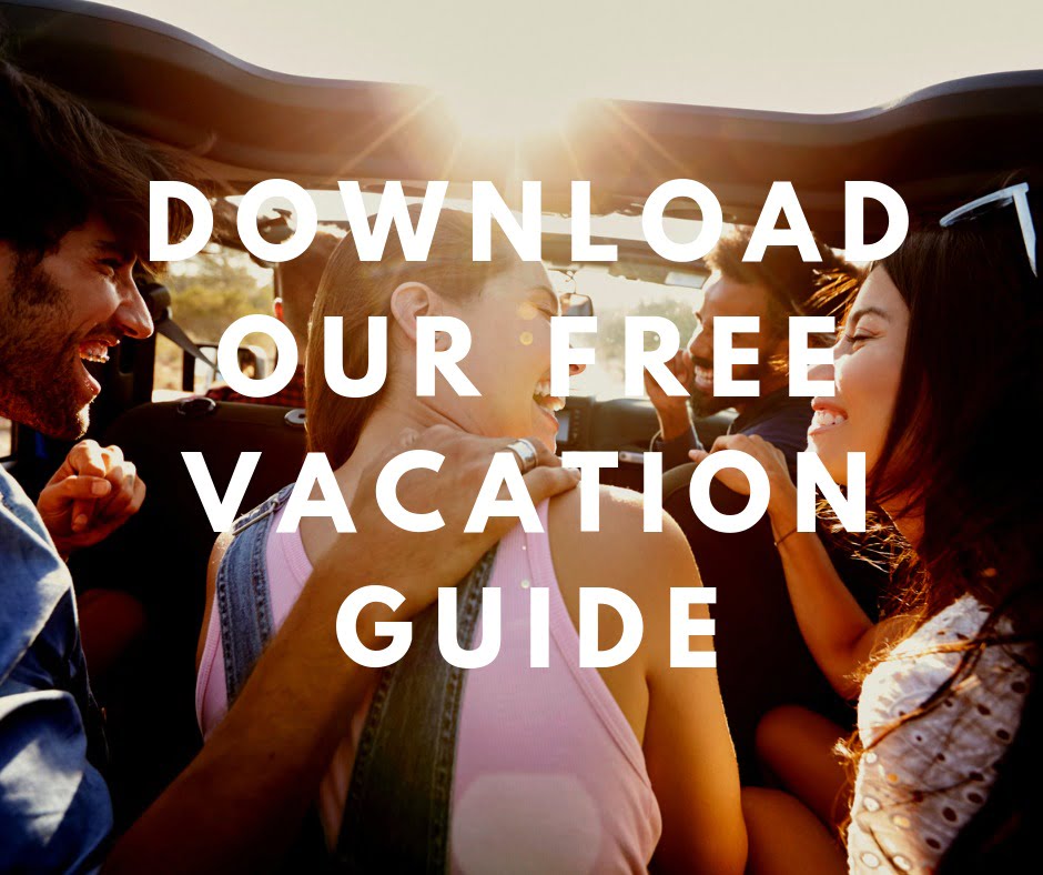 young people in a car with overlaying text saying download our free vacation guide