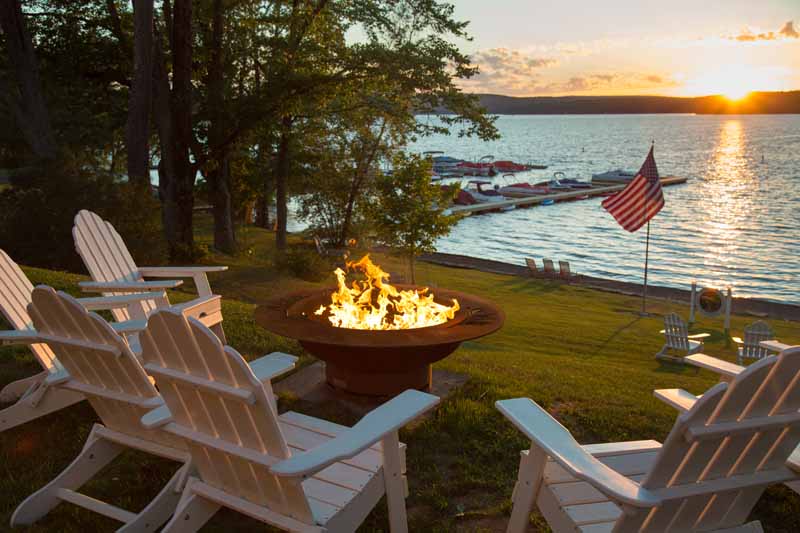 Silver Birches Resort, PA view of lake by firepit