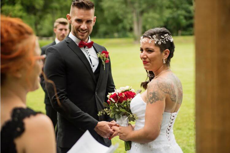 a bride and groom during an intimate wedding ceremony