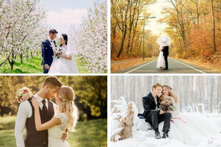 collage: spring, summer, fall, winter weddings