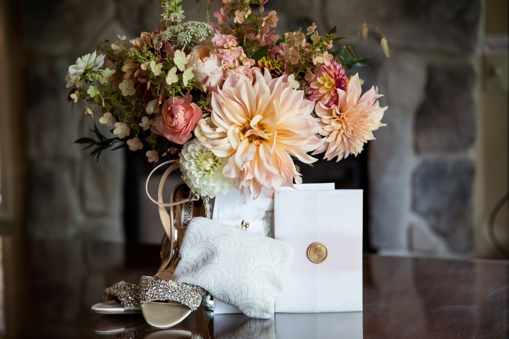 Wedding bouquet with invitation