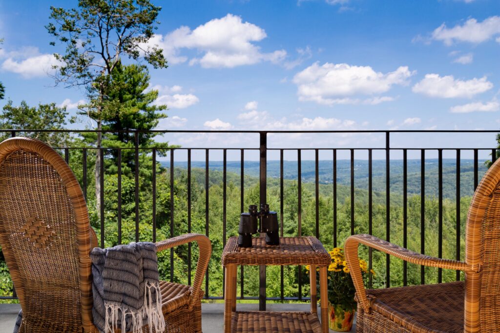 View of the Poconos from The French Manor Inn balcony on a beautiful day