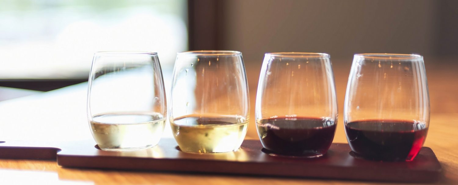 Wine flight on countertop at winery