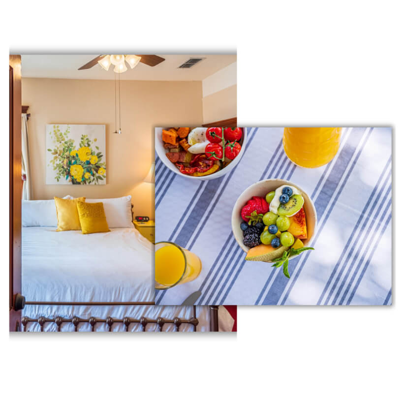 Fruit cup and bedroom.