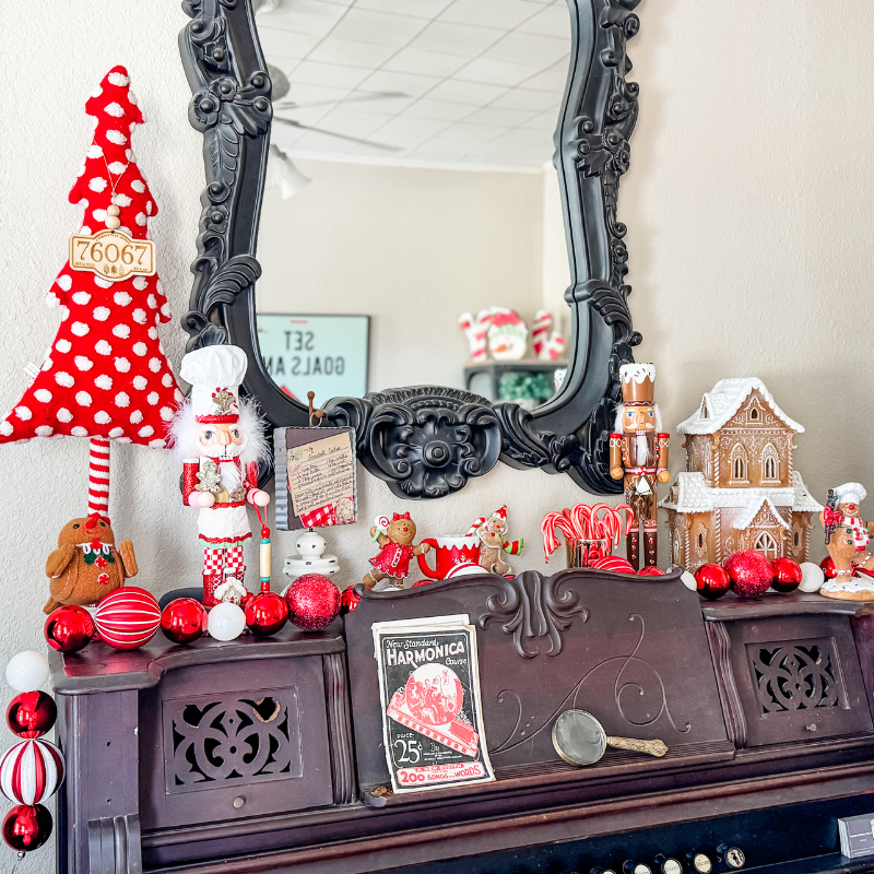 Magpie Inn Christmas decor on the piano in the game room.