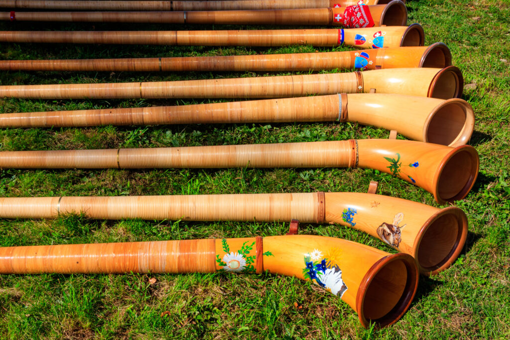 Alphorns laying on the grass on the alpine meadow