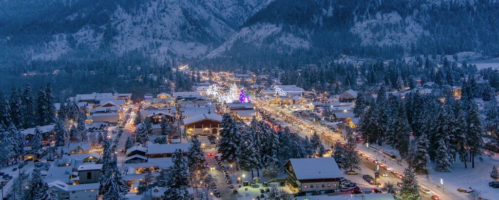 Aerial view of snowy Leavenworth at sunset