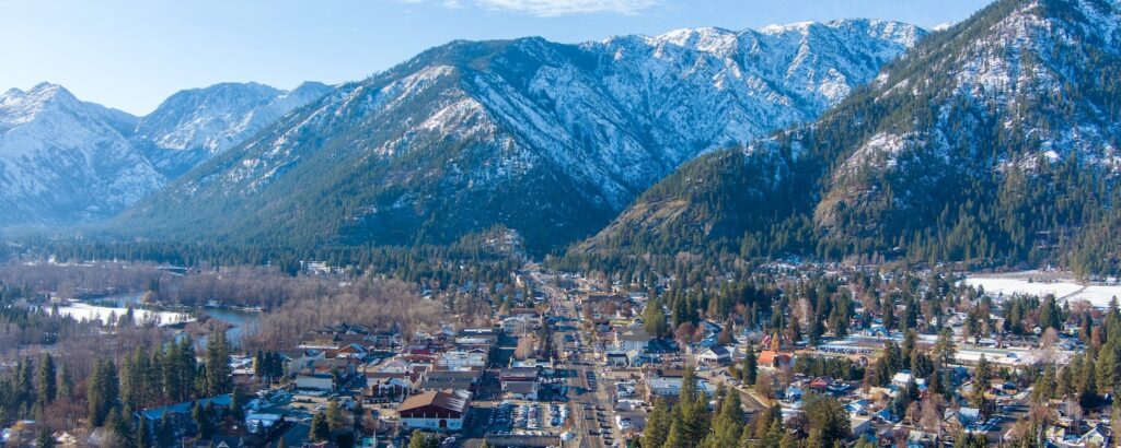 Aerial view of a Leavenworth, Washington landscape in the morning near Christmas