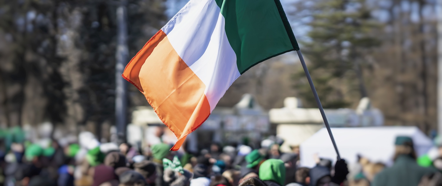 Irish flag waving at a St. Patrick's Day parade