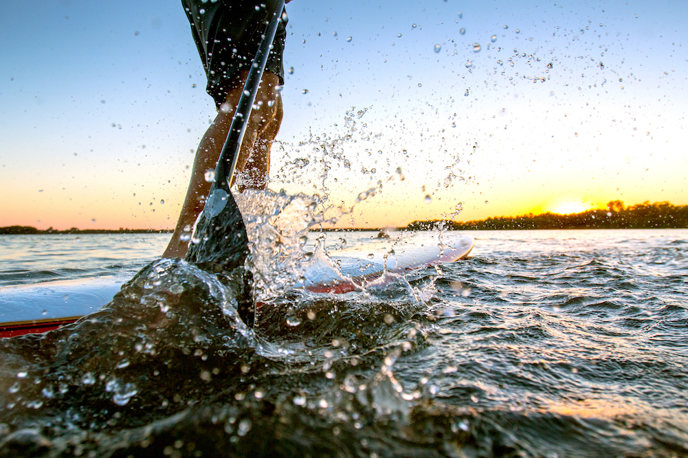 person paddleboarding on water at sunset