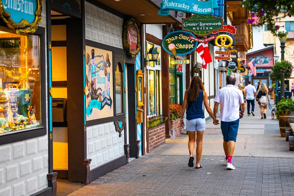 people stroll downtown streets of leavenworth, washington